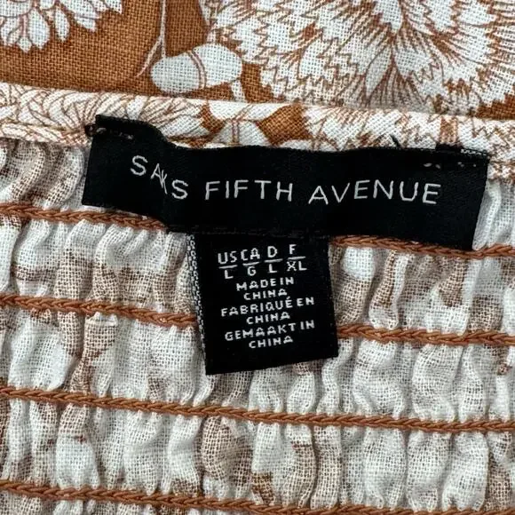 Saks Fifth Avenue Floral Ruffle Linen Blend Midi Dress Size L Brown White - Picture 11 of 12